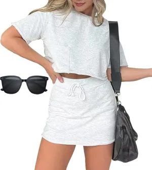 Pink laura Lounge Cropped Tee Skort Set, Two Piece Tennis Skirt Set for Women, 2 Piece Summer Skirt Sets for Women