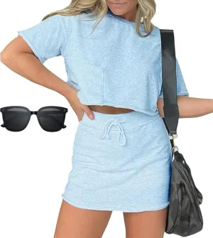 Pink laura Lounge Cropped Tee Skort Set, Two Piece Tennis Skirt Set for Women, 2 Piece Summer Skirt Sets for Women