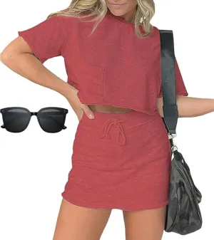 Pink laura Lounge Cropped Tee Skort Set, Two Piece Tennis Skirt Set for Women, 2 Piece Summer Skirt Sets for Women