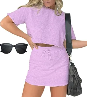 Pink laura Lounge Cropped Tee Skort Set, Two Piece Tennis Skirt Set for Women, 2 Piece Summer Skirt Sets for Women