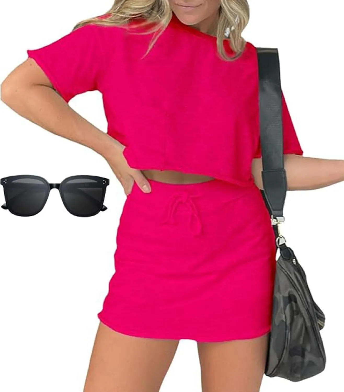 Pink laura Lounge Cropped Tee Skort Set, Two Piece Tennis Skirt Set for Women, 2 Piece Summer Skirt Sets for Women