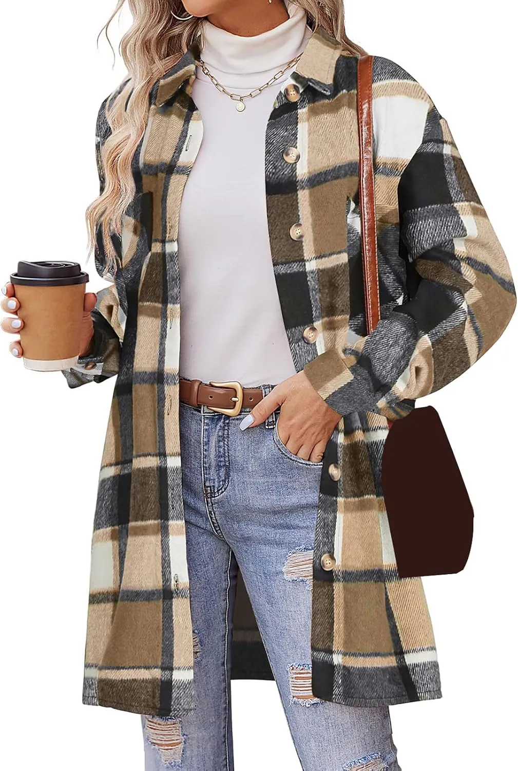 Plaid Shirts for Women Oversized Long Trench Coat Button Down Shirt Lightweight Long Sleeve Outerwear Winter Trendy