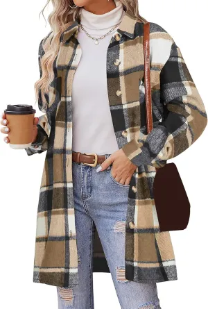 Plaid Shirts for Women Oversized Long Trench Coat Button Down Shirt Lightweight Long Sleeve Outerwear Winter Trendy