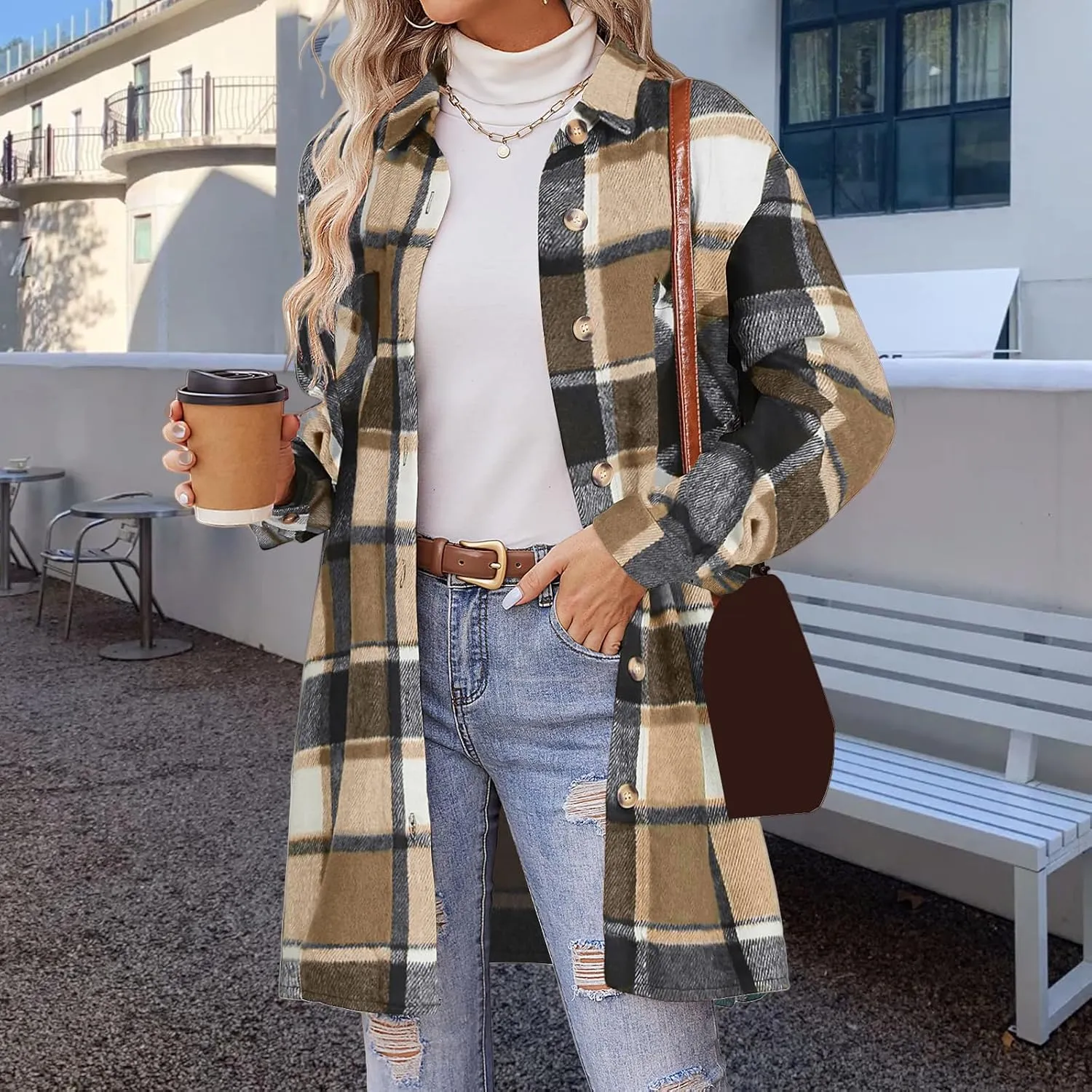 Plaid Shirts for Women Oversized Long Trench Coat Button Down Shirt Lightweight Long Sleeve Outerwear Winter Trendy