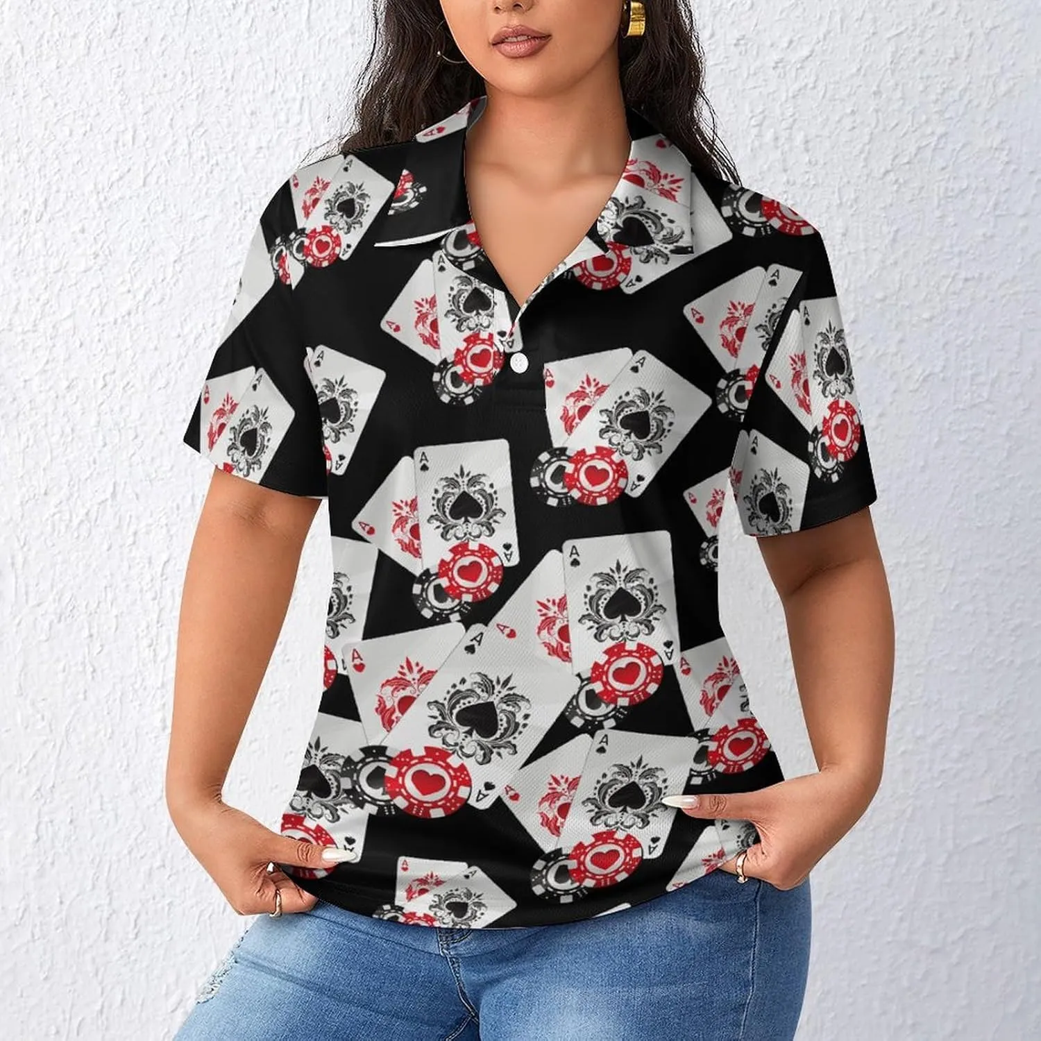Playing Poker Cards Women's Sport Shirt Short Sleeve Golf T-Shirt Tennis Quick Dry Casual Tops Print Work Shirt