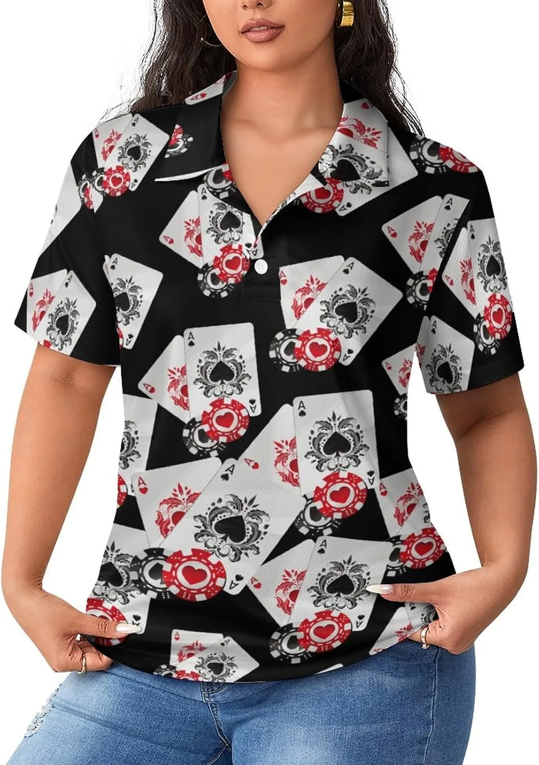 Playing Poker Cards Women's Sport Shirt Short Sleeve Golf T-Shirt Tennis Quick Dry Casual Tops Print Work Shirt