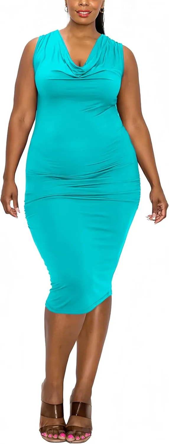 Plus Size Dresses for Curvy Women 2024 Casual Elegant Summer Sleeveless Draped Cowl Neck Midi Dress Party Vacation