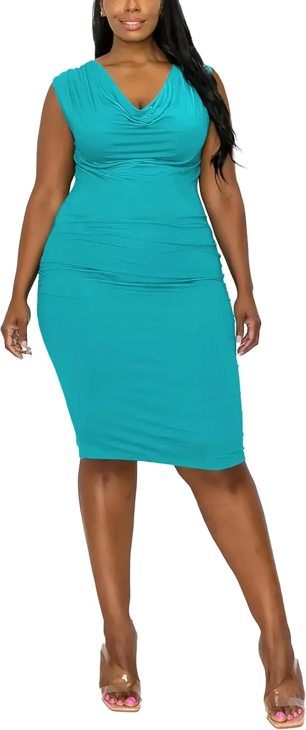Plus Size Dresses for Curvy Women 2024 Casual Elegant Summer Sleeveless Draped Cowl Neck Midi Dress Party Vacation