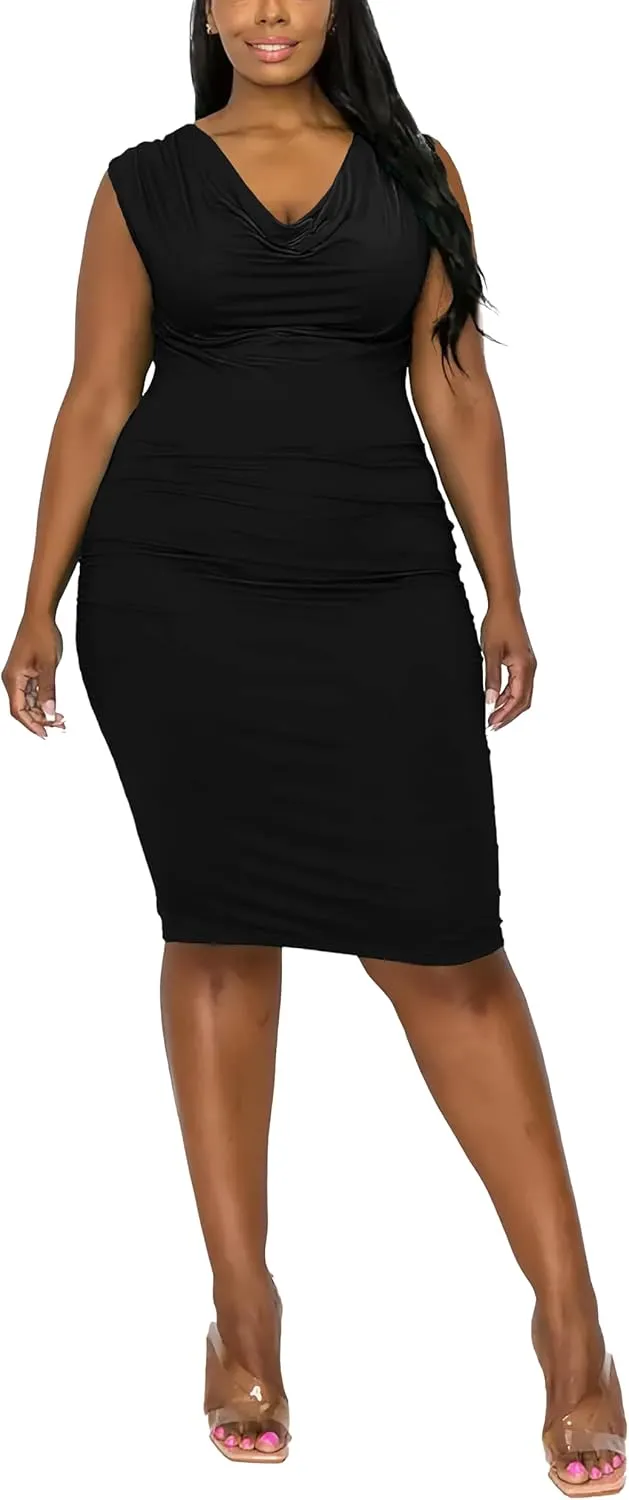 Plus Size Dresses for Curvy Women 2024 Casual Elegant Summer Sleeveless Draped Cowl Neck Midi Dress Party Vacation