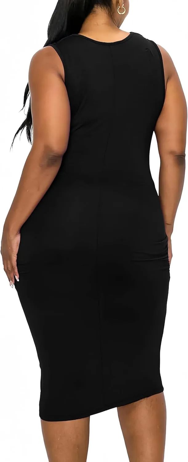 Plus Size Dresses for Curvy Women 2024 Casual Elegant Summer Sleeveless Draped Cowl Neck Midi Dress Party Vacation