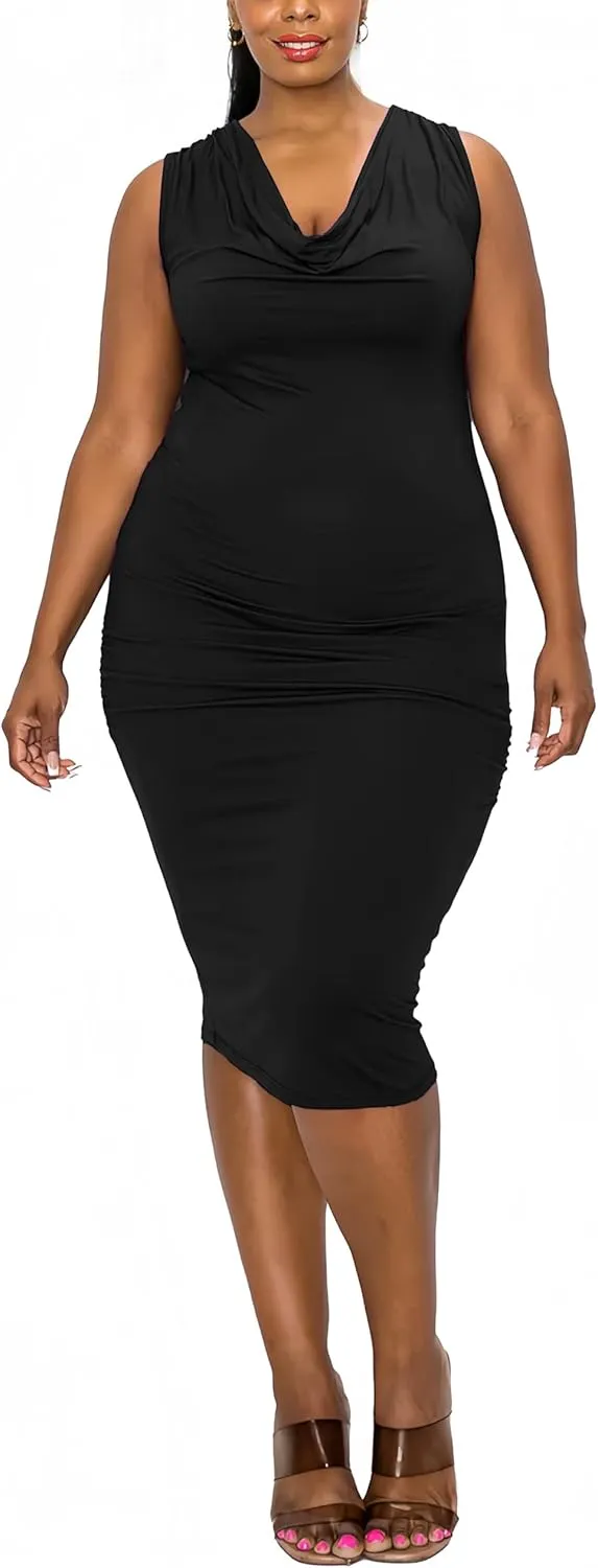 Plus Size Dresses for Curvy Women 2024 Casual Elegant Summer Sleeveless Draped Cowl Neck Midi Dress Party Vacation