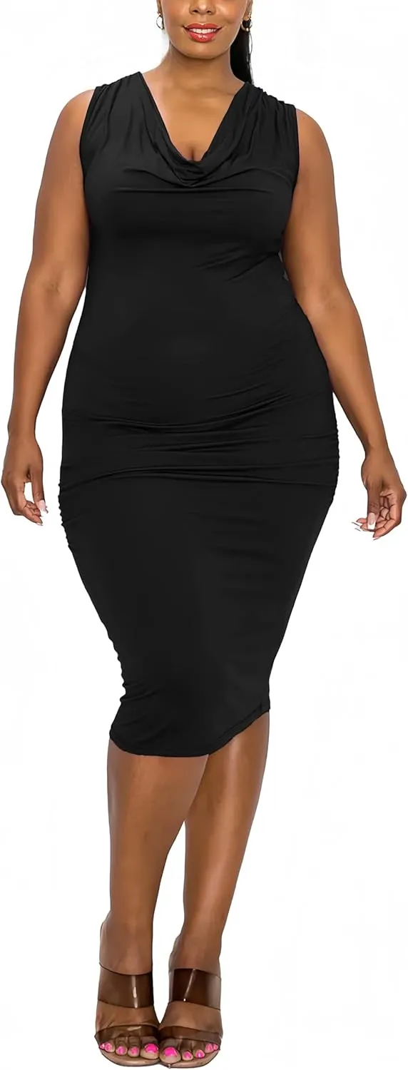 Plus Size Dresses for Curvy Women 2024 Casual Elegant Summer Sleeveless Draped Cowl Neck Midi Dress Party Vacation