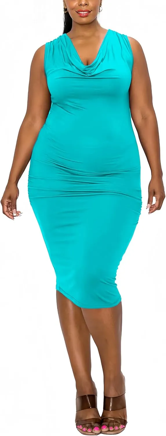 Plus Size Dresses for Curvy Women 2024 Casual Elegant Summer Sleeveless Draped Cowl Neck Midi Dress Party Vacation