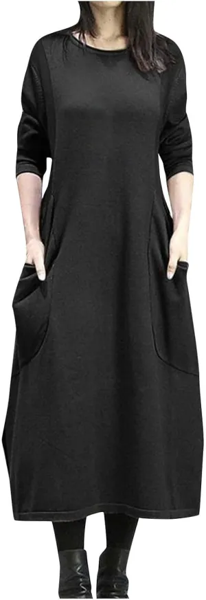 Plus Size Long Sweatshirt Dress for Women 2023 Fall Casual Crewneck Long Sleeve Midi Dress with Pockets Solid