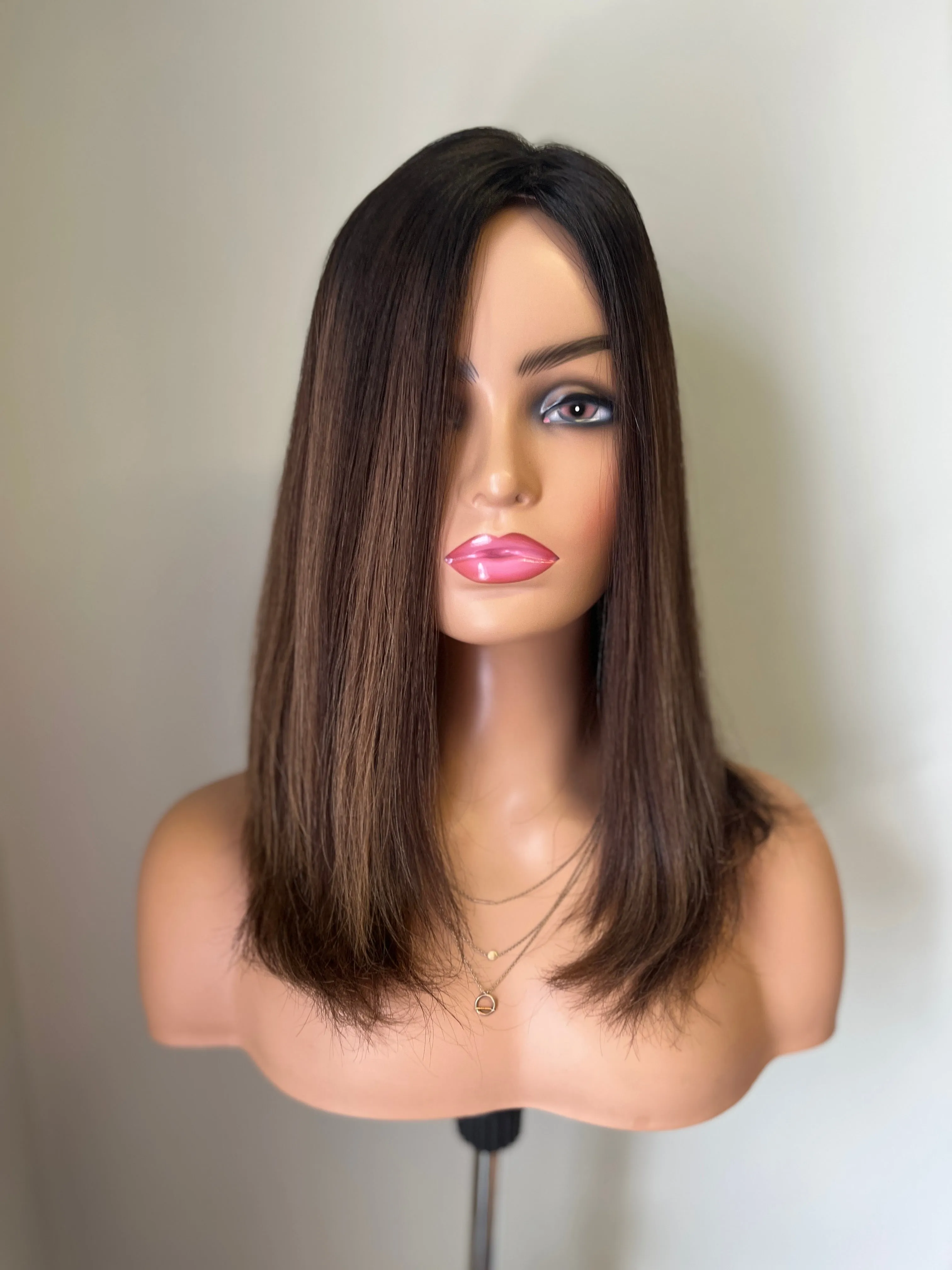 Preloved, Madison Wigs, Fara topper | Human hair | Brown with dark root | 9x9" base | 20" length