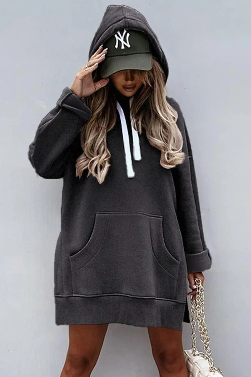 PRETTYGARDEN Women's Casual Pullover Sweatshirt Long Sleeve Split Hem Hoodie Dress with Kangaroo Pocket
