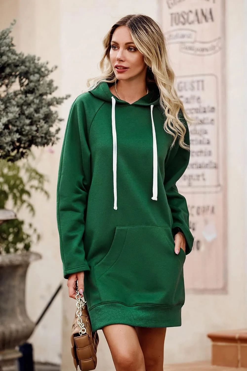 PRETTYGARDEN Women's Casual Pullover Sweatshirt Long Sleeve Split Hem Hoodie Dress with Kangaroo Pocket