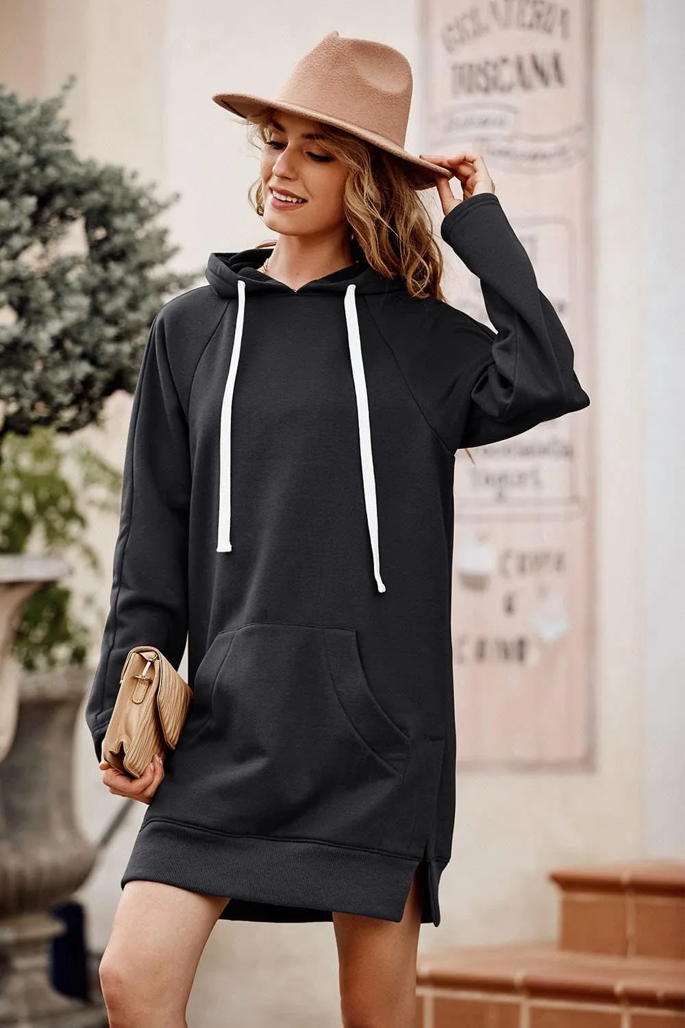 PRETTYGARDEN Women's Casual Pullover Sweatshirt Long Sleeve Split Hem Hoodie Dress with Kangaroo Pocket