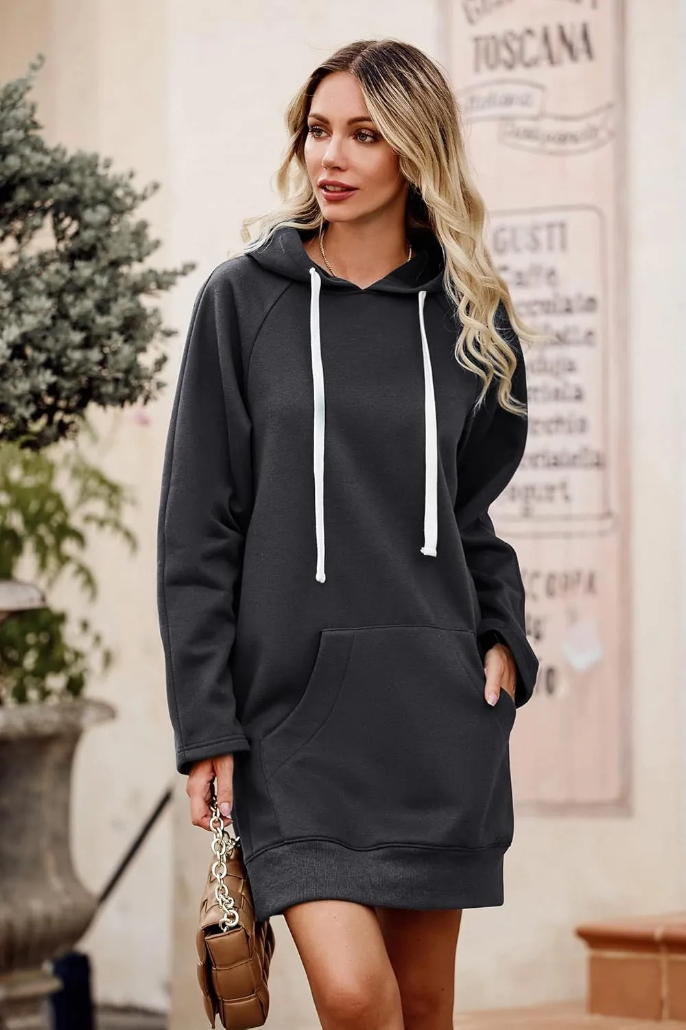 PRETTYGARDEN Women's Casual Pullover Sweatshirt Long Sleeve Split Hem Hoodie Dress with Kangaroo Pocket