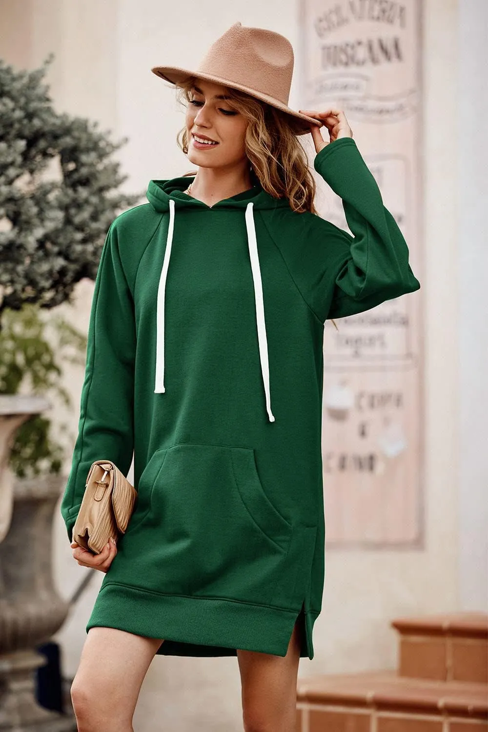 PRETTYGARDEN Women's Casual Pullover Sweatshirt Long Sleeve Split Hem Hoodie Dress with Kangaroo Pocket