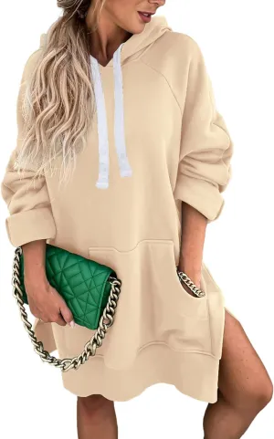 PRETTYGARDEN Women's Casual Pullover Sweatshirt Long Sleeve Split Hem Hoodie Dress with Kangaroo Pocket