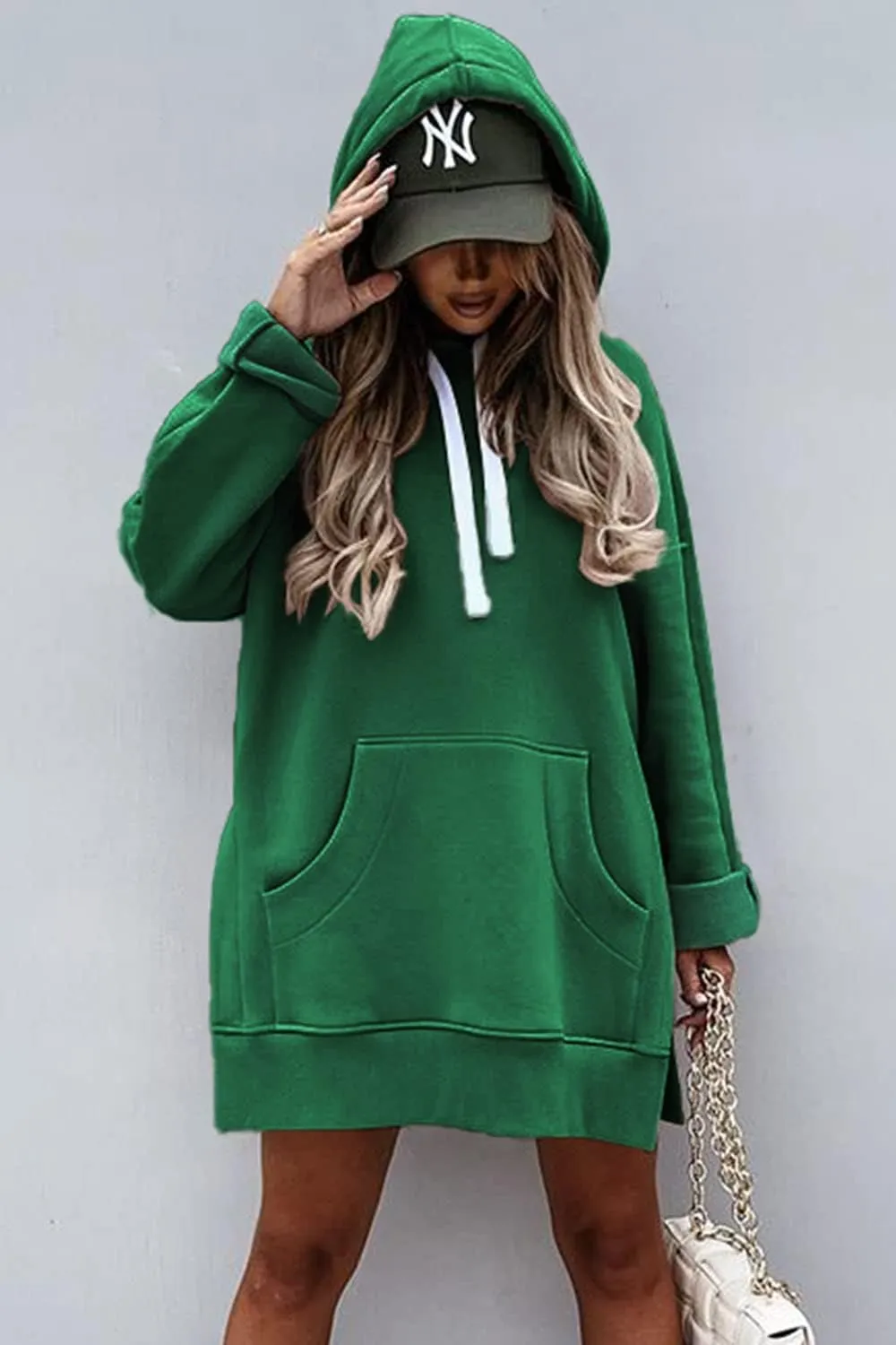 PRETTYGARDEN Women's Casual Pullover Sweatshirt Long Sleeve Split Hem Hoodie Dress with Kangaroo Pocket