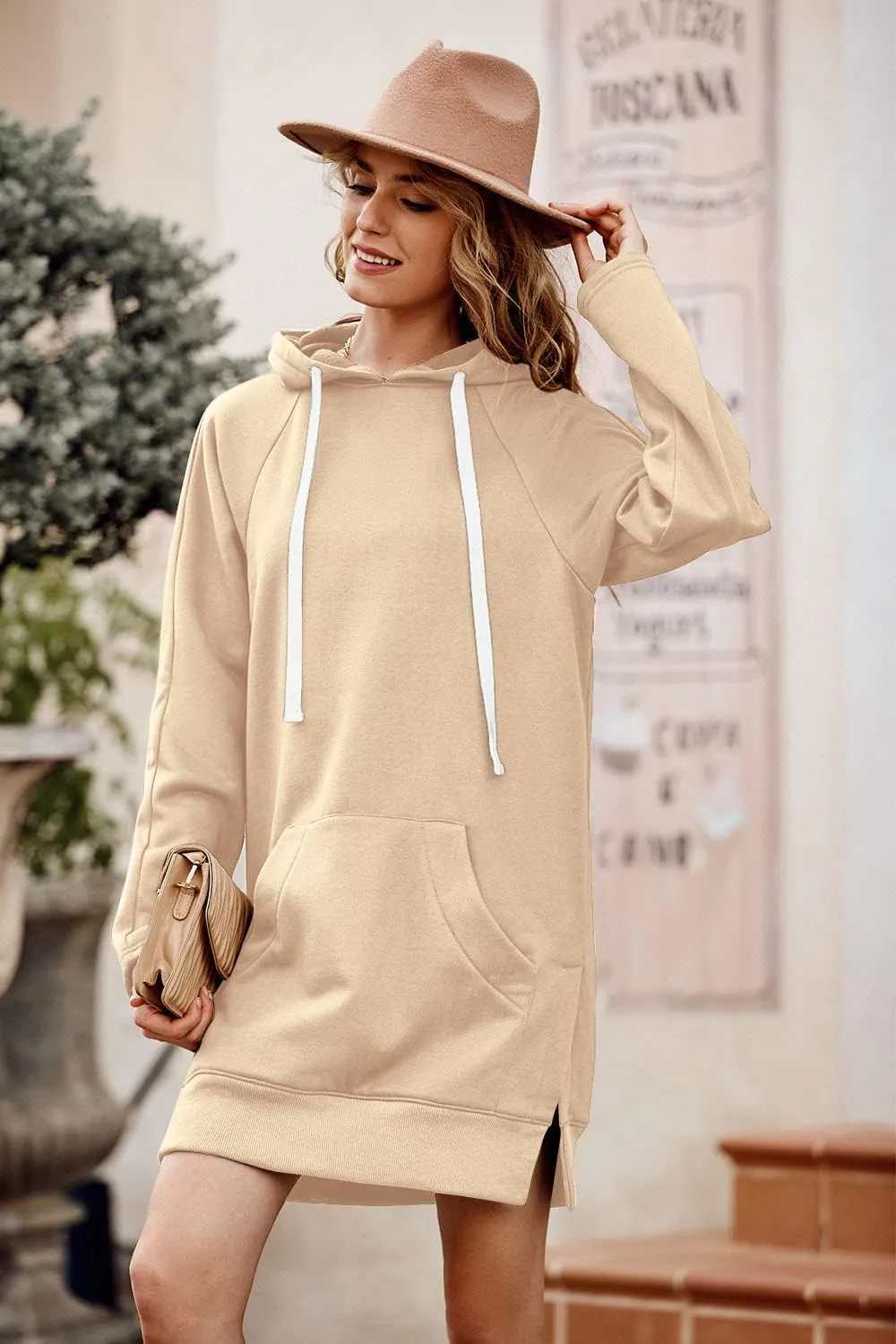 PRETTYGARDEN Women's Casual Pullover Sweatshirt Long Sleeve Split Hem Hoodie Dress with Kangaroo Pocket