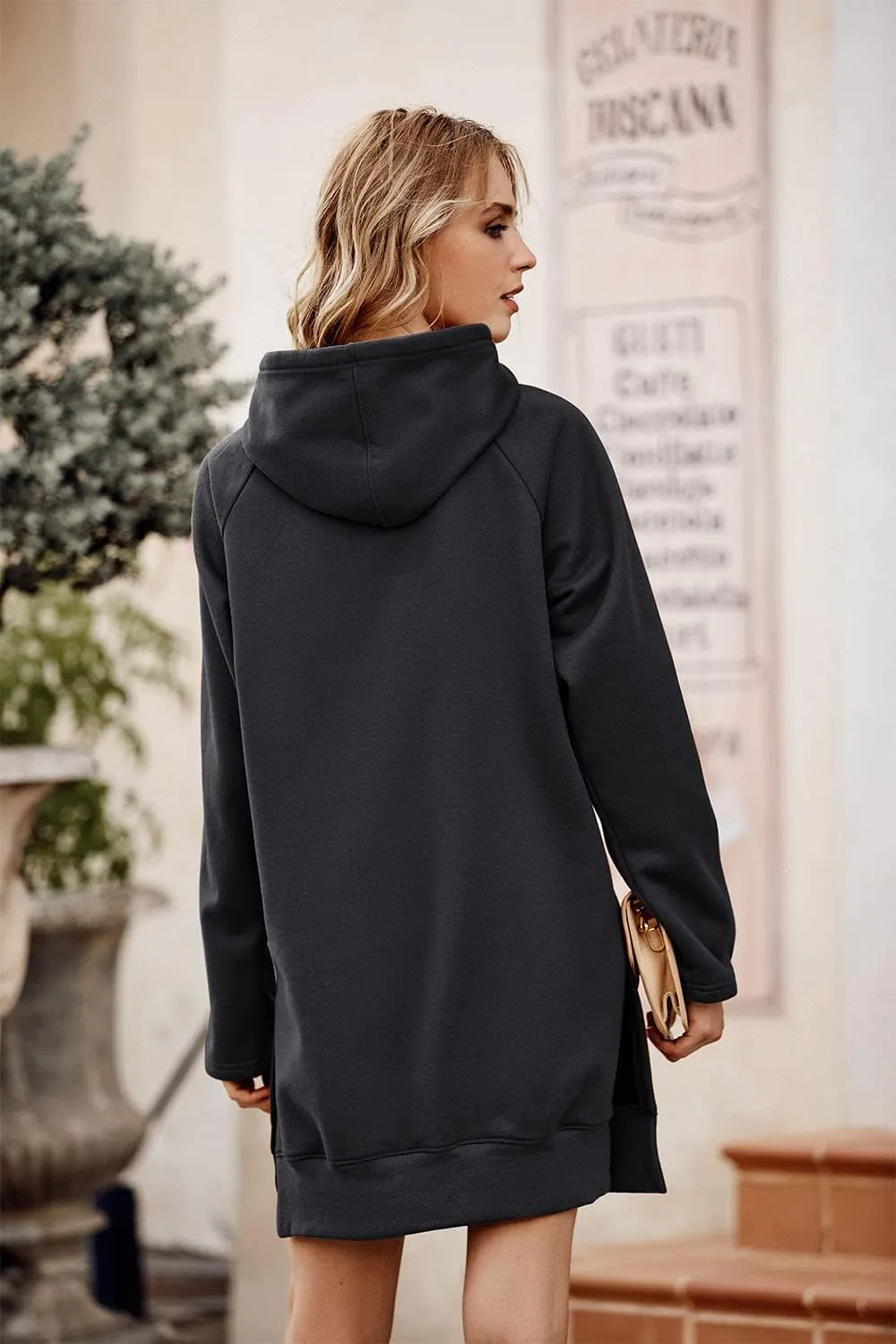 PRETTYGARDEN Women's Casual Pullover Sweatshirt Long Sleeve Split Hem Hoodie Dress with Kangaroo Pocket