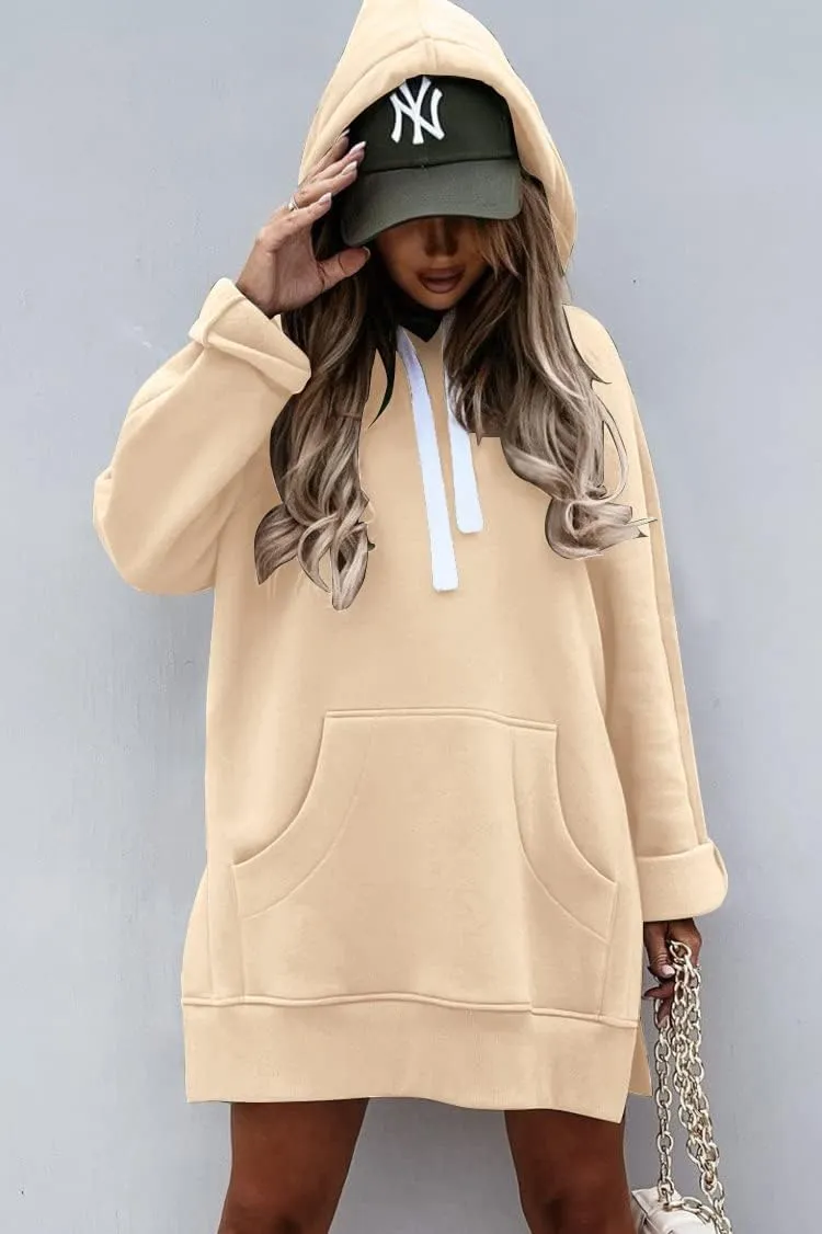 PRETTYGARDEN Women's Casual Pullover Sweatshirt Long Sleeve Split Hem Hoodie Dress with Kangaroo Pocket