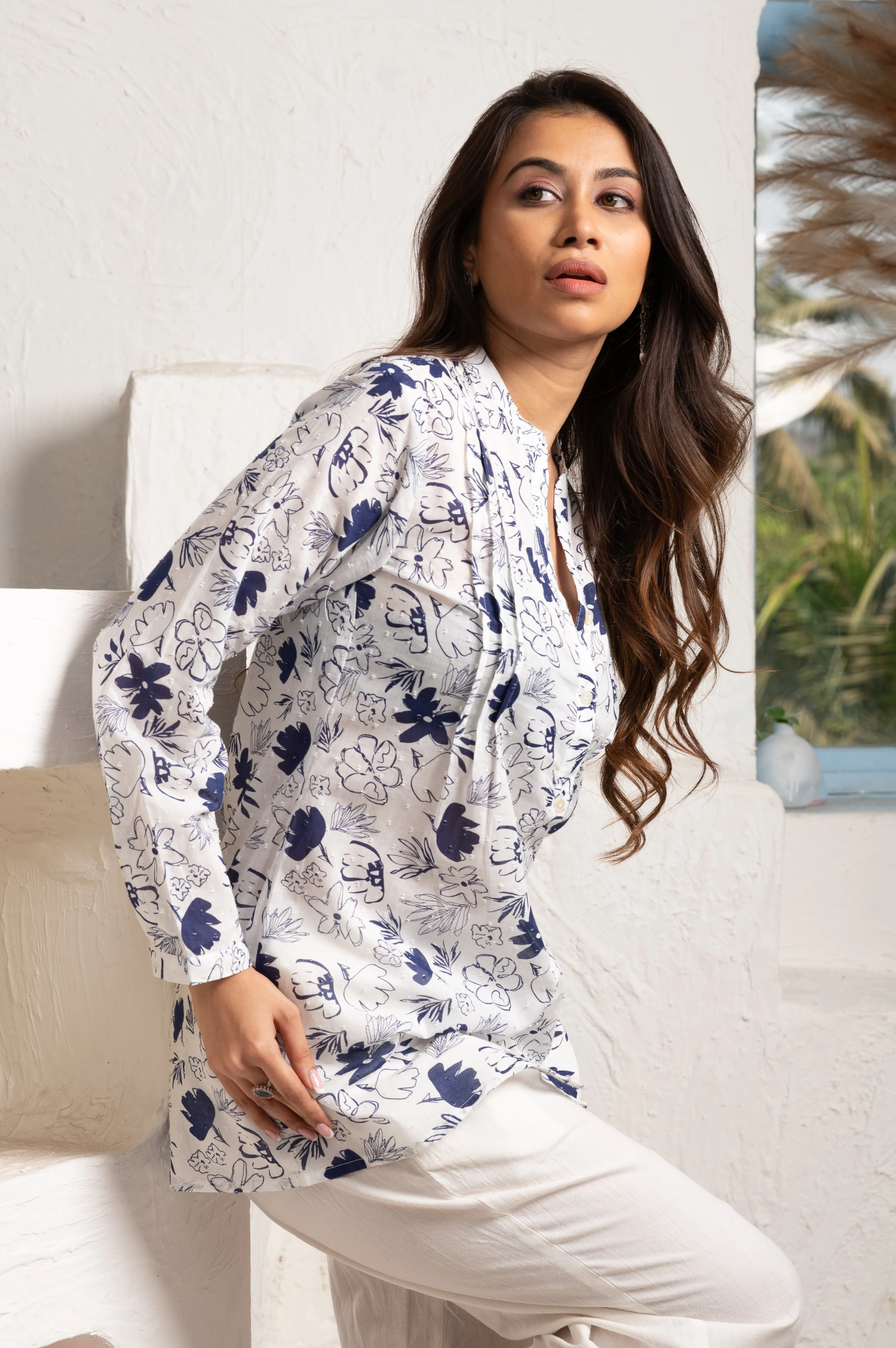 PRINTED WHITE-BLUE COTTON TUNIC