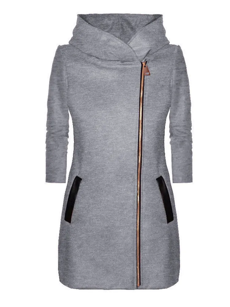 Pure Color Patchwork Hooded Women Coats