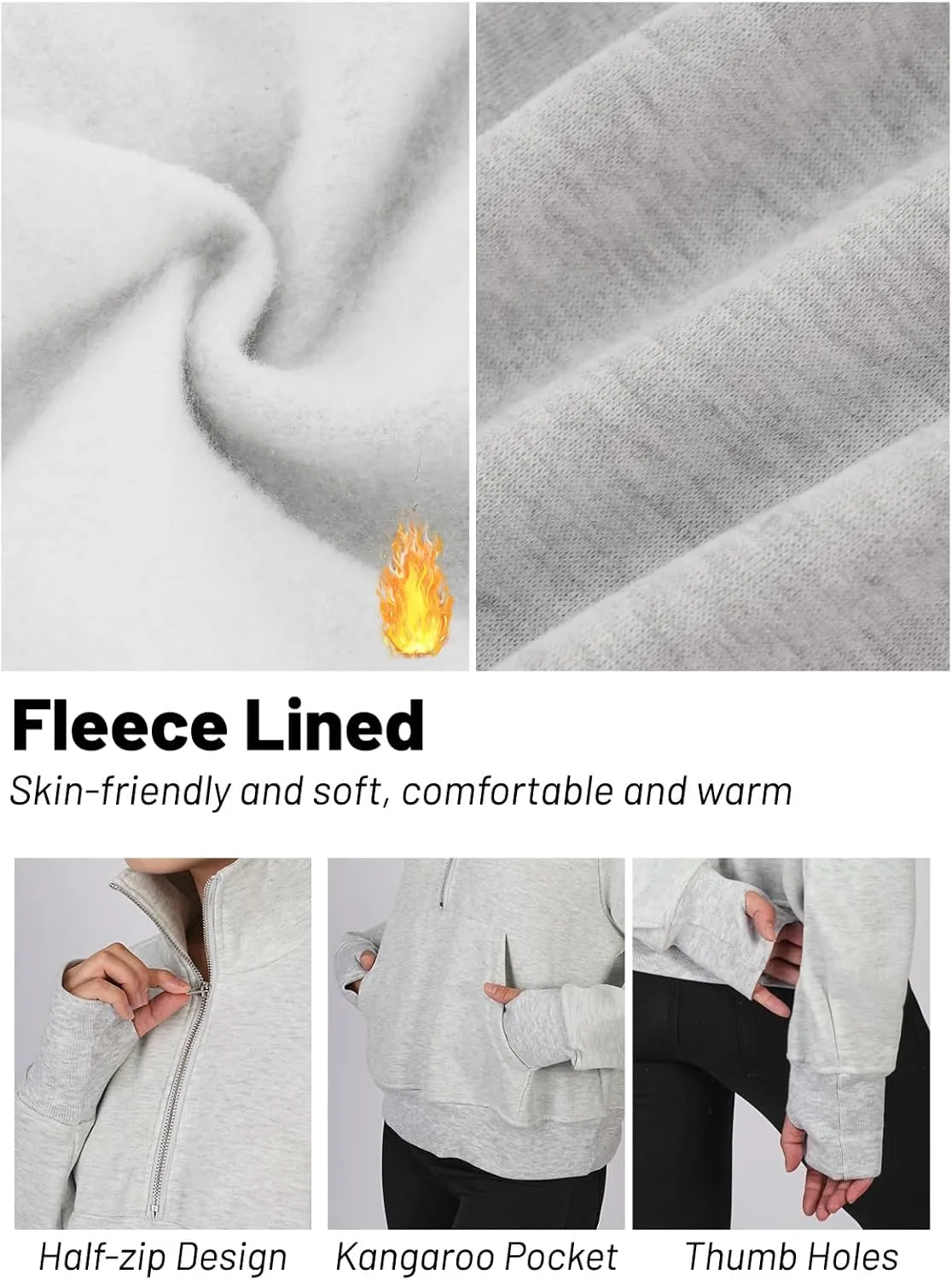 Quarter Zip Pullover Women, Fleece Lined Cropped Sweatshirts for Women, Scuba Hoodie with Kangaroo Pocket, Thumb Holes Design