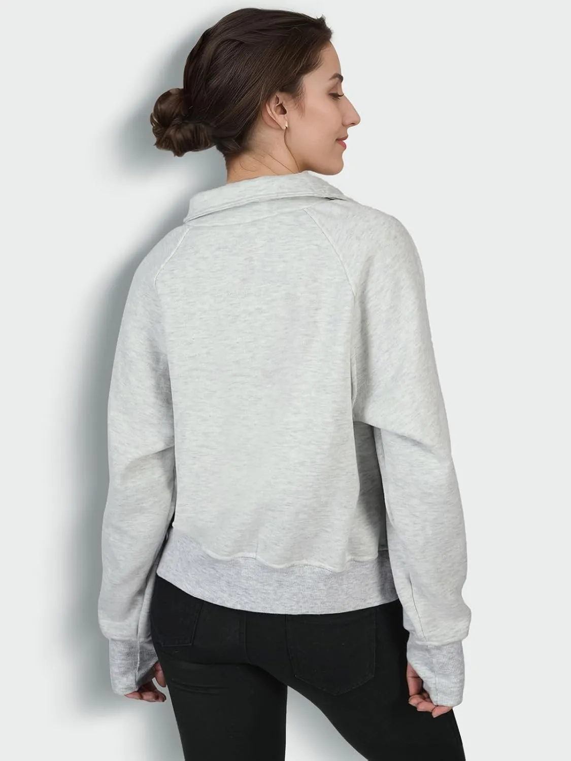 Quarter Zip Pullover Women, Fleece Lined Cropped Sweatshirts for Women, Scuba Hoodie with Kangaroo Pocket, Thumb Holes Design