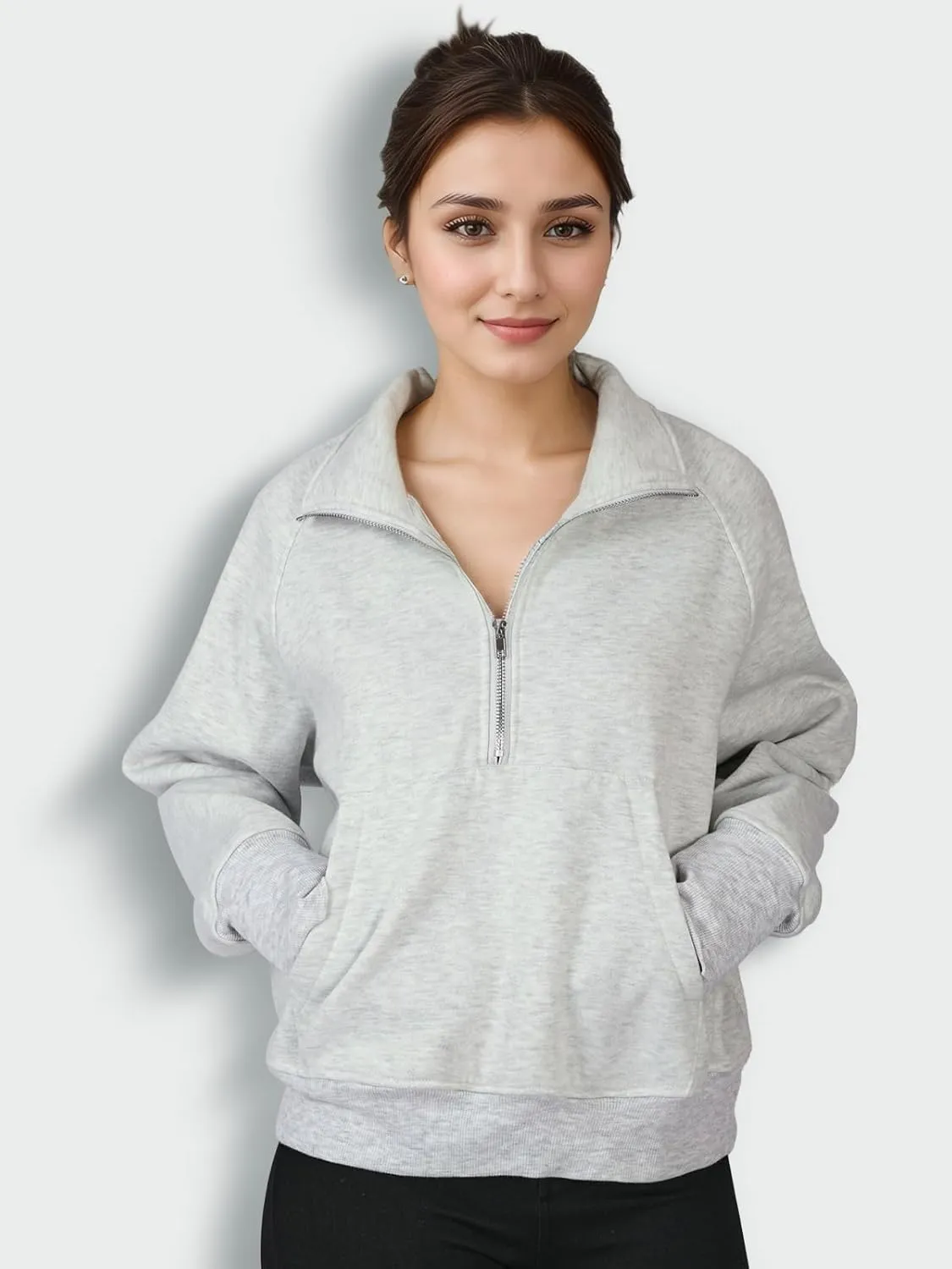 Quarter Zip Pullover Women, Fleece Lined Cropped Sweatshirts for Women, Scuba Hoodie with Kangaroo Pocket, Thumb Holes Design