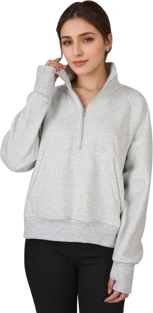 Quarter Zip Pullover Women, Fleece Lined Cropped Sweatshirts for Women, Scuba Hoodie with Kangaroo Pocket, Thumb Holes Design