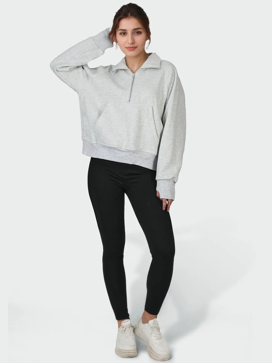 Quarter Zip Pullover Women, Fleece Lined Cropped Sweatshirts for Women, Scuba Hoodie with Kangaroo Pocket, Thumb Holes Design