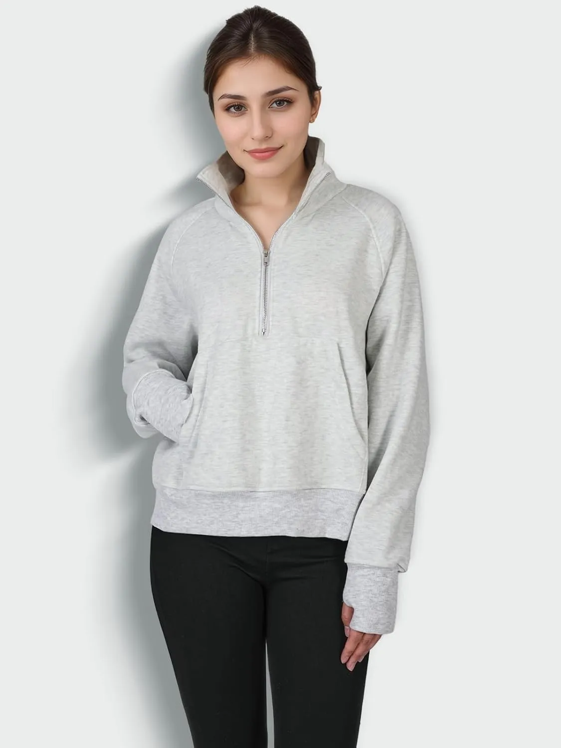 Quarter Zip Pullover Women, Fleece Lined Cropped Sweatshirts for Women, Scuba Hoodie with Kangaroo Pocket, Thumb Holes Design