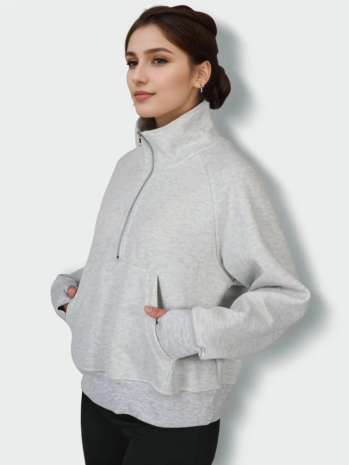 Quarter Zip Pullover Women, Fleece Lined Cropped Sweatshirts for Women, Scuba Hoodie with Kangaroo Pocket, Thumb Holes Design