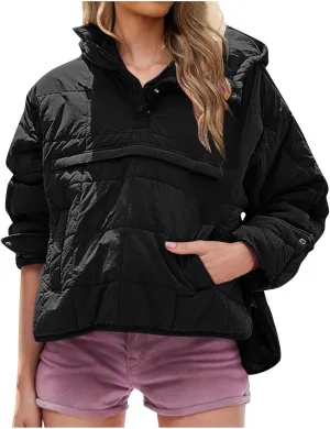 Quilted Puffer Jacket for Women Winter Lightweight Button Long Sleeve Coat Oversized Packable Cotton Padded Jacket