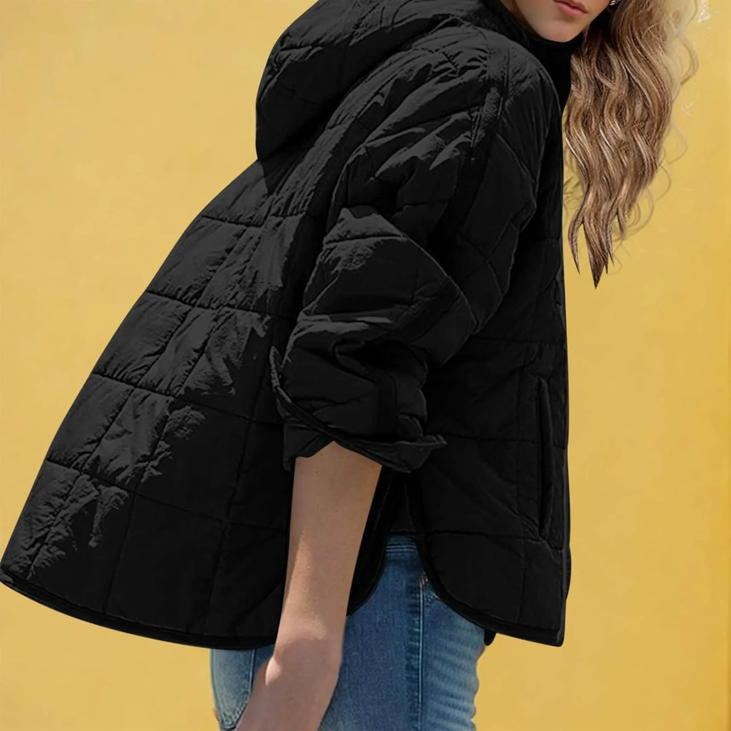 Quilted Puffer Jacket for Women Winter Lightweight Button Long Sleeve Coat Oversized Packable Cotton Padded Jacket
