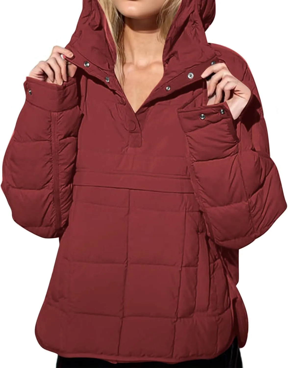 Quilted Puffer Jacket for Women Winter Lightweight Button Long Sleeve Coat Oversized Packable Cotton Padded Jacket
