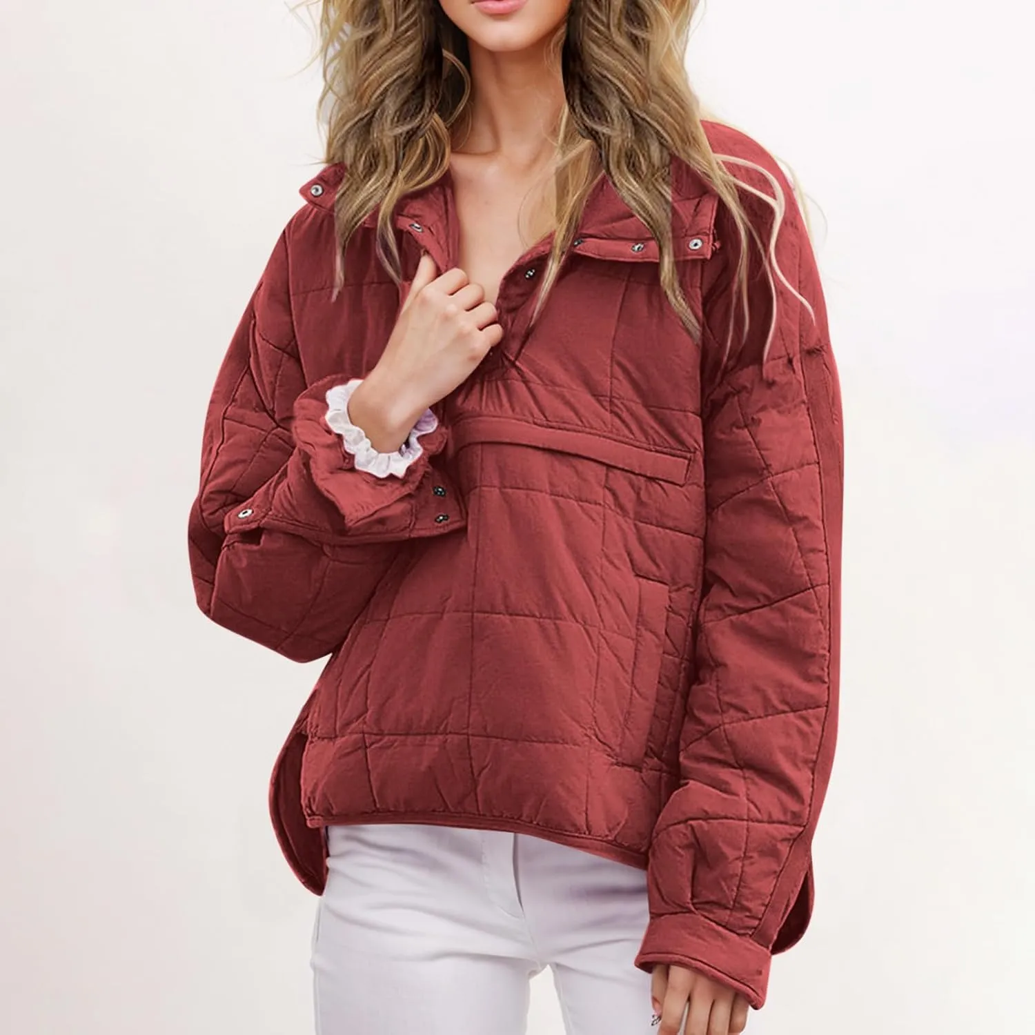 Quilted Puffer Jacket for Women Winter Lightweight Button Long Sleeve Coat Oversized Packable Cotton Padded Jacket