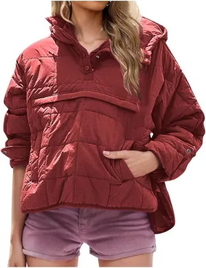 Quilted Puffer Jacket for Women Winter Lightweight Button Long Sleeve Coat Oversized Packable Cotton Padded Jacket