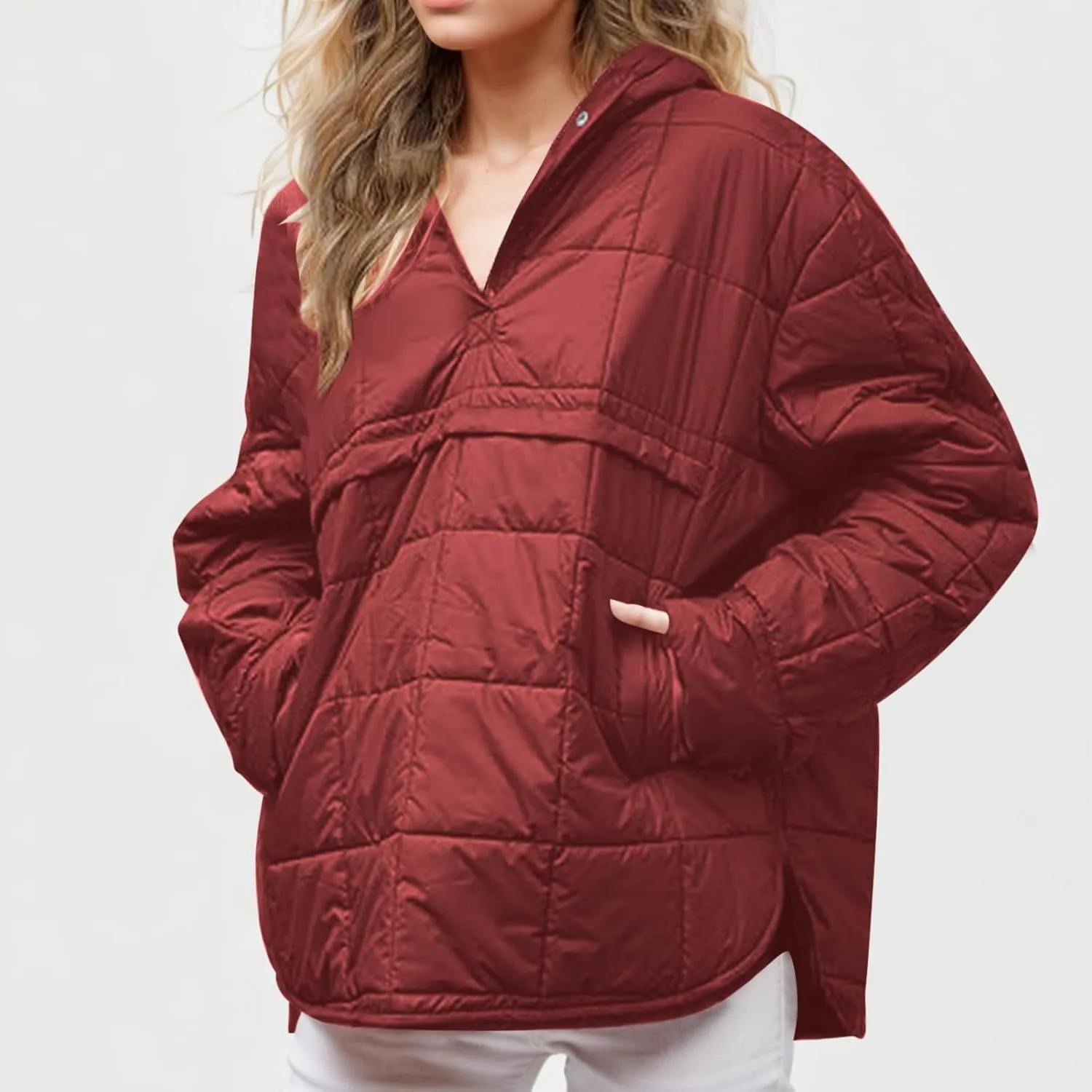 Quilted Puffer Jacket for Women Winter Lightweight Button Long Sleeve Coat Oversized Packable Cotton Padded Jacket