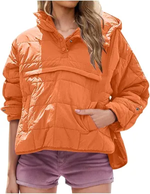 Quilted Puffer Jacket for Women Winter Lightweight Button Long Sleeve Coat Oversized Packable Cotton Padded Jacket