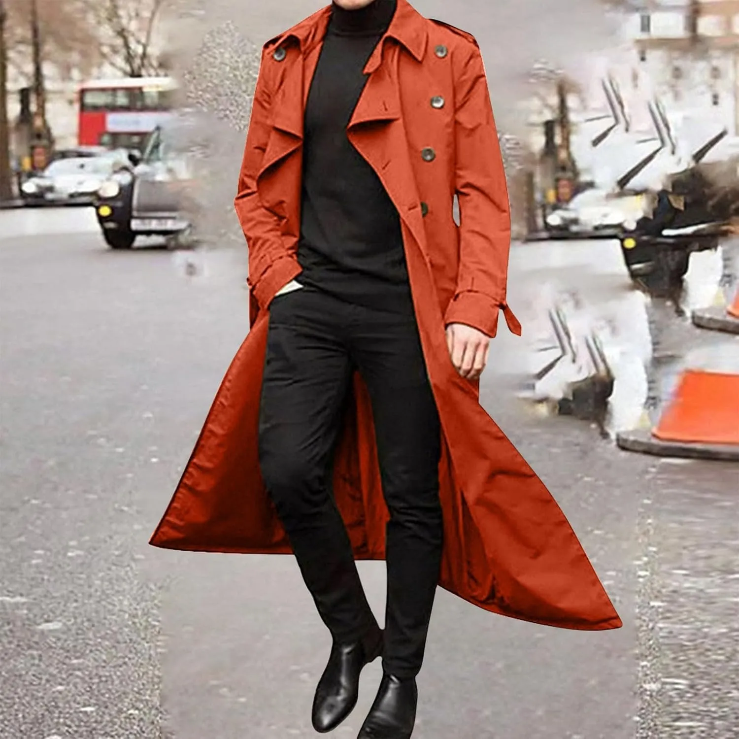 QWENTMTNTY Mens Long Trench Coat Double Breasted Belted Trench Coat Oversized Jacket Casual Business Windbreaker Overcoats