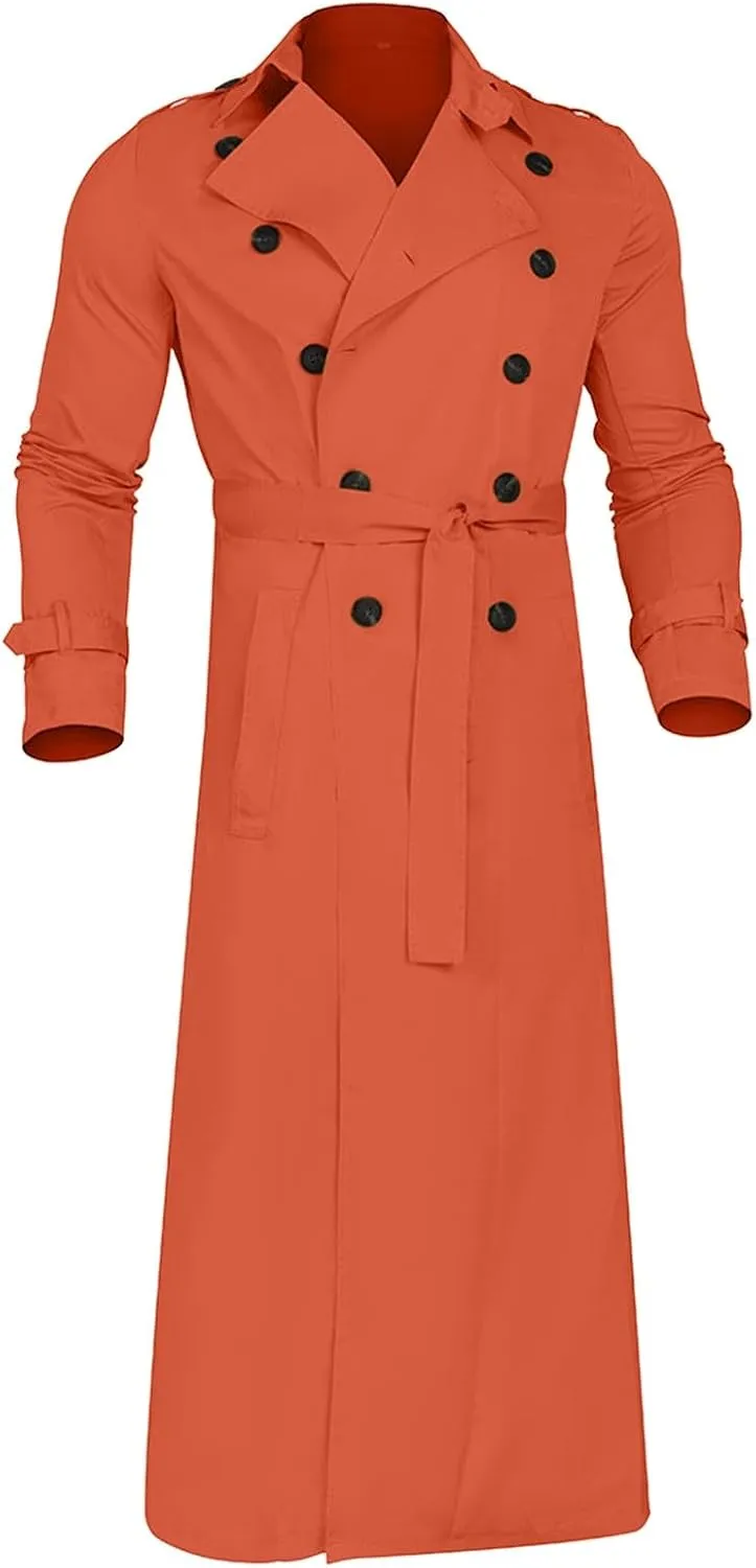 QWENTMTNTY Mens Long Trench Coat Double Breasted Belted Trench Coat Oversized Jacket Casual Business Windbreaker Overcoats