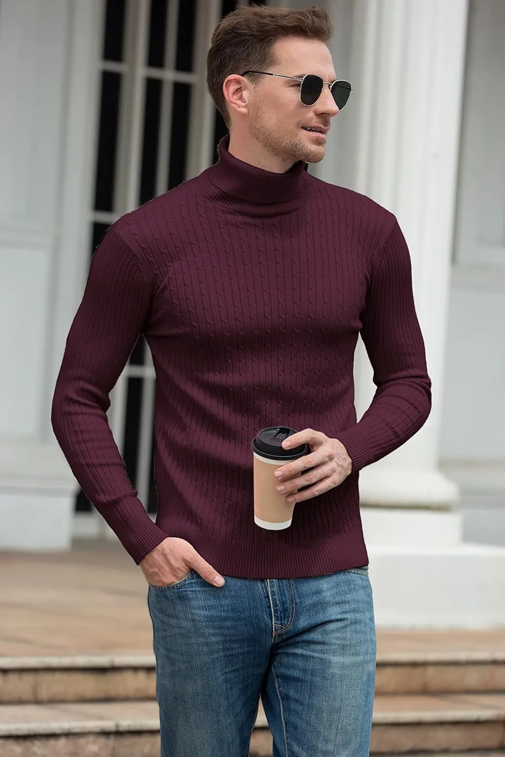 QZH.DUAO Men's Casual Slim Fit Turtleneck Pullover Sweaters Tops with Twist Patterned
