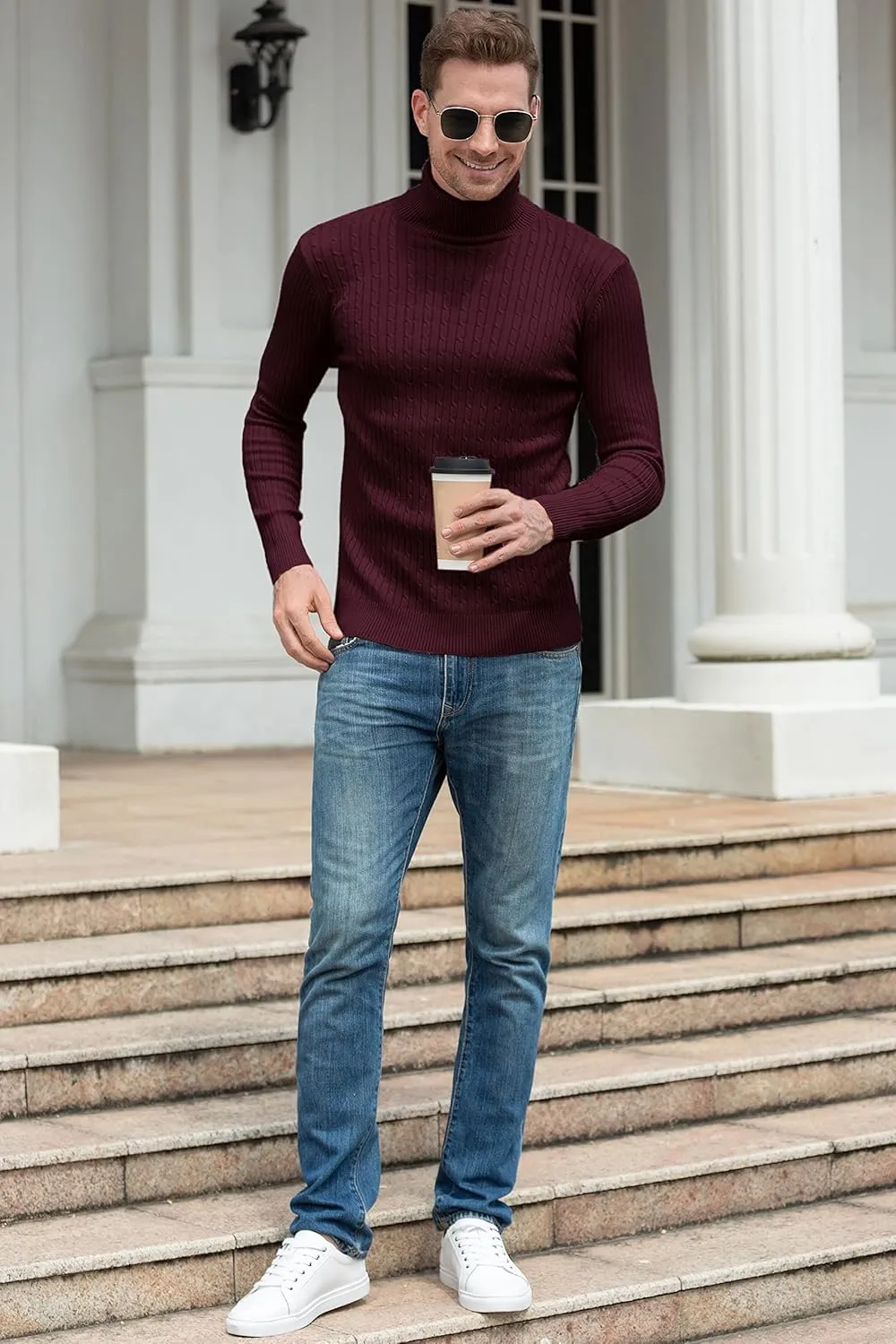 QZH.DUAO Men's Casual Slim Fit Turtleneck Pullover Sweaters Tops with Twist Patterned