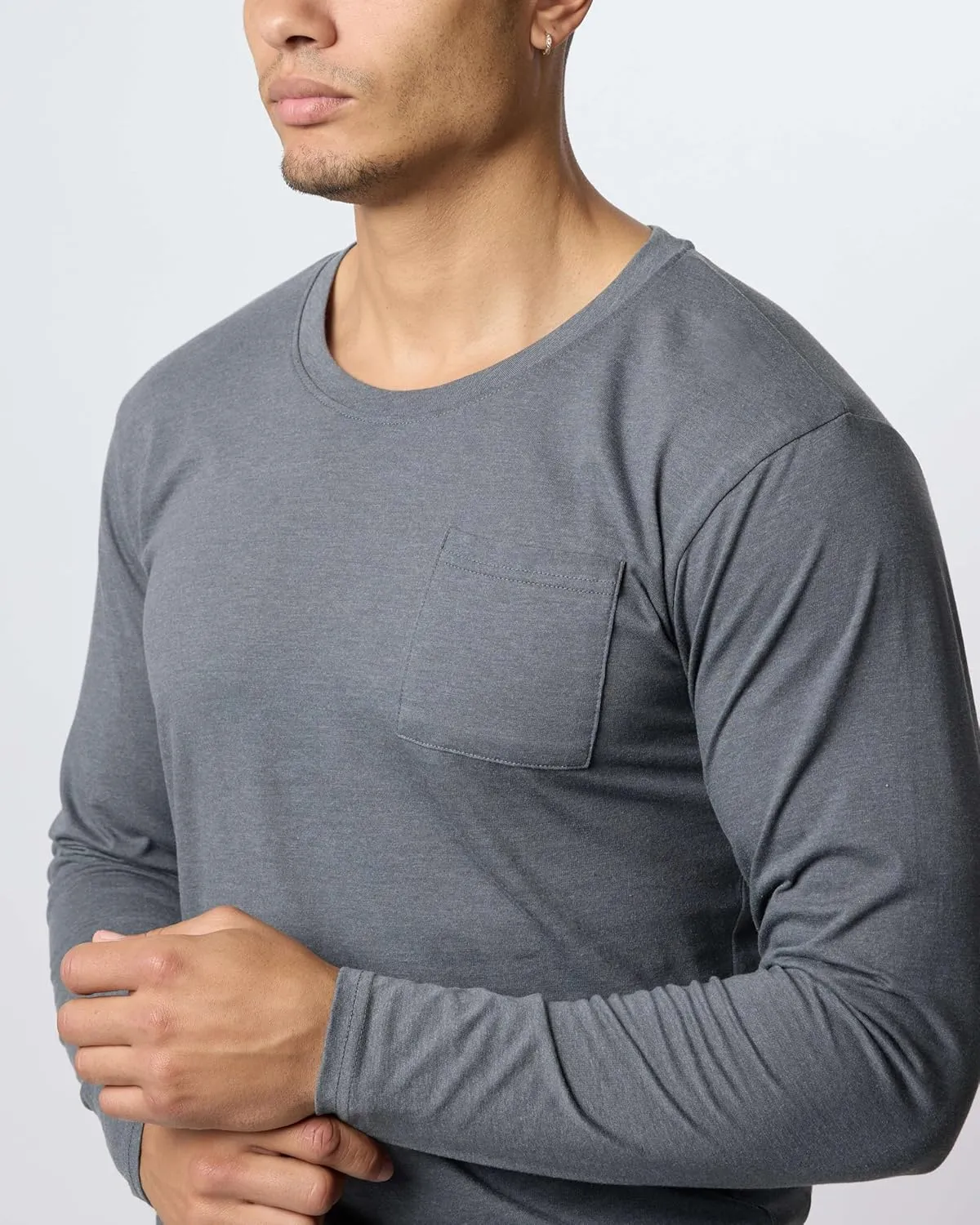 Real Essentials 3 Pack: Men's Cotton Performance Long Sleeve Crew Neck Pocket T-Shirt Athletic Top (Available in Big & Tall)
